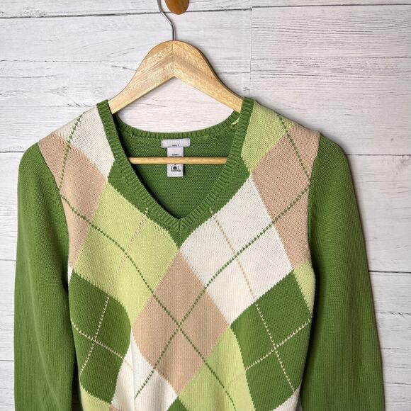 Izod Golf Sweater Womens Size Small Pink Beige & Green Argyle V Neck 100% Cotton - Picture 7 of 16